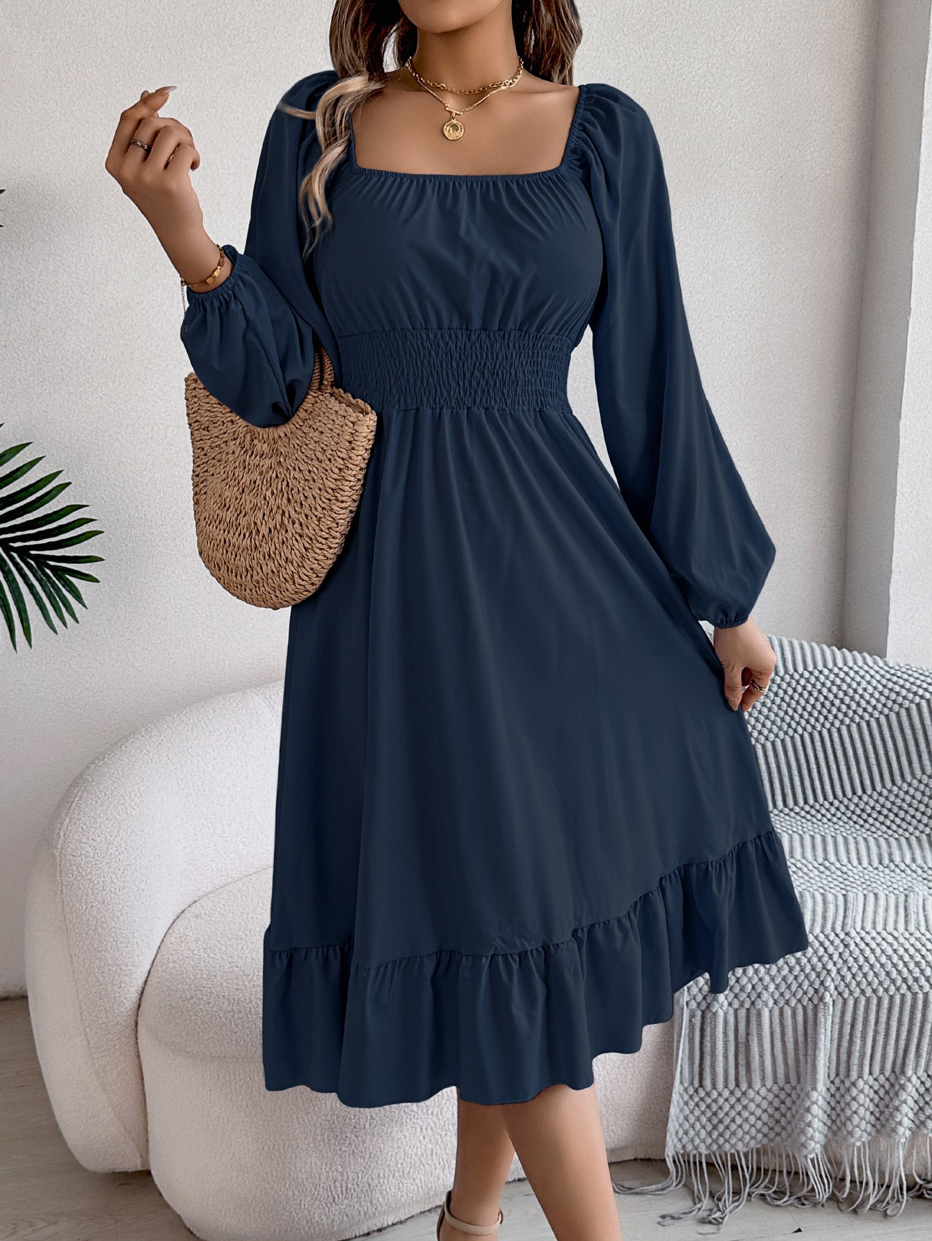 2026 Spring/Summer European and American Casual Solid Color Square Neck Long Sleeve Waist-Cinching Ruffle A-Line Dress Amazon Cross-Border Women's Clothing by DERILUJA LLC