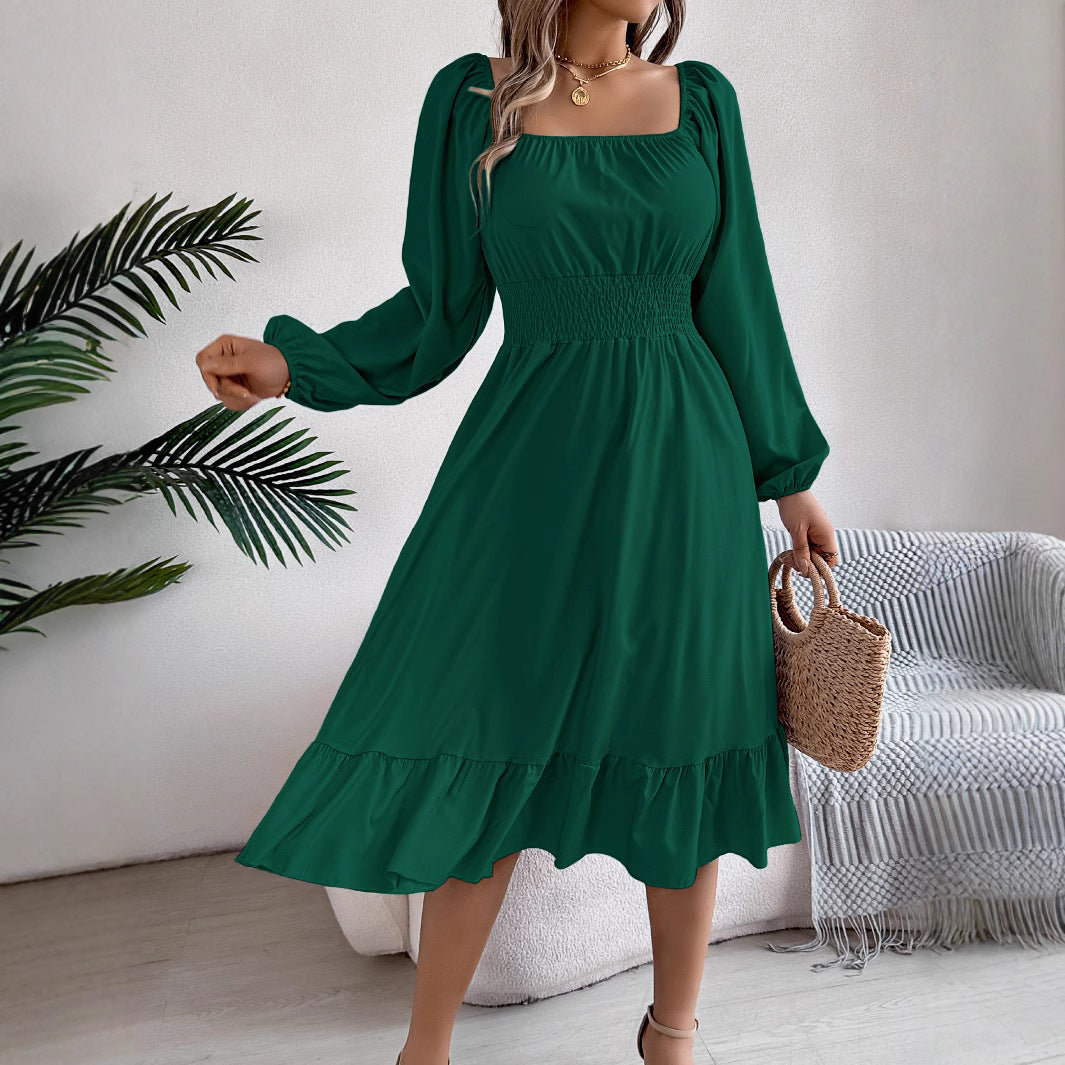 2026 Spring/Summer European and American Casual Solid Color Square Neck Long Sleeve Waist-Cinching Ruffle A-Line Dress Amazon Cross-Border Women's Clothing by DERILUJA LLC