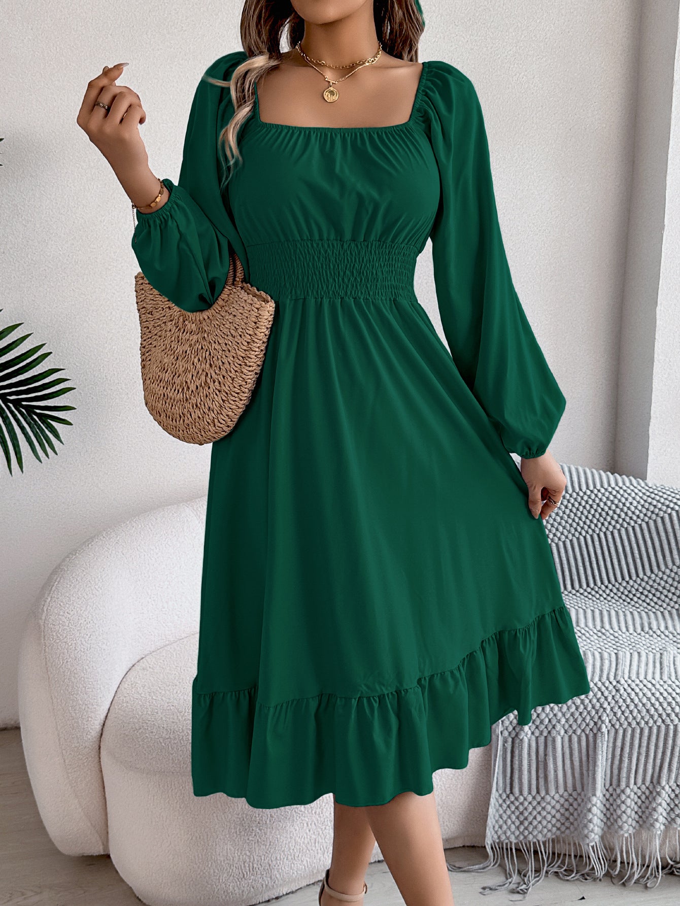 2026 Spring/Summer European and American Casual Solid Color Square Neck Long Sleeve Waist-Cinching Ruffle A-Line Dress Amazon Cross-Border Women's Clothing by DERILUJA LLC