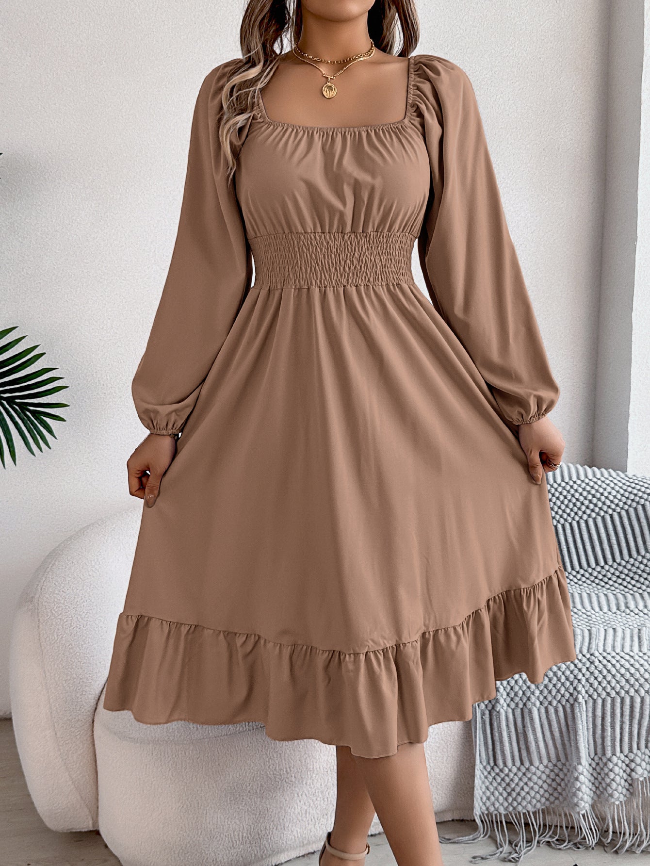 2026 Spring/Summer European and American Casual Solid Color Square Neck Long Sleeve Waist-Cinching Ruffle A-Line Dress Amazon Cross-Border Women's Clothing by DERILUJA LLC