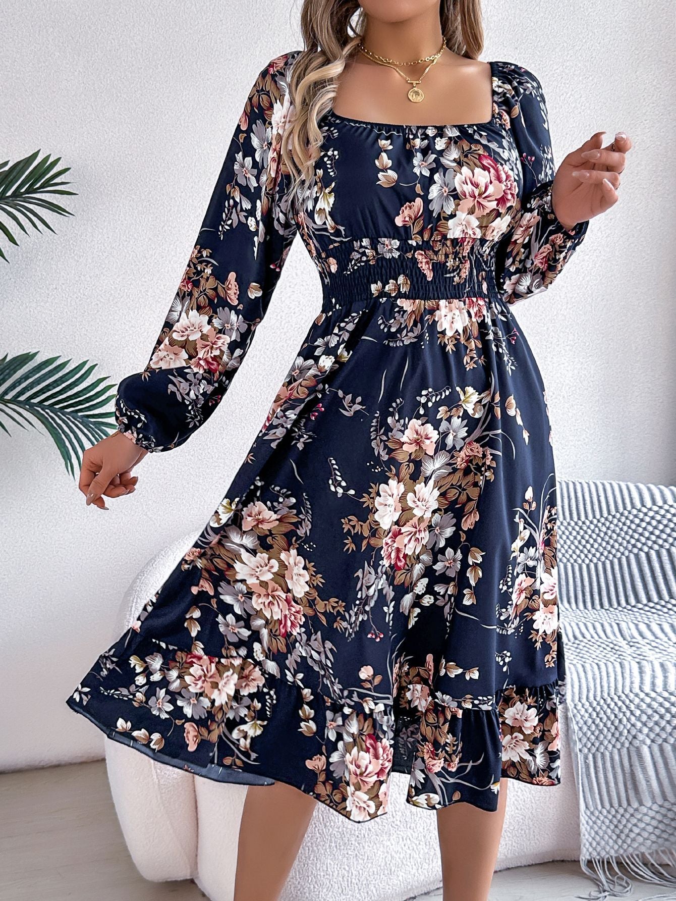 Real shot spring and summer European and American elegant flower square collar long sleeve waist ruffled A- line skirt independent station cross-border women's clothing by DERILUJA LLC