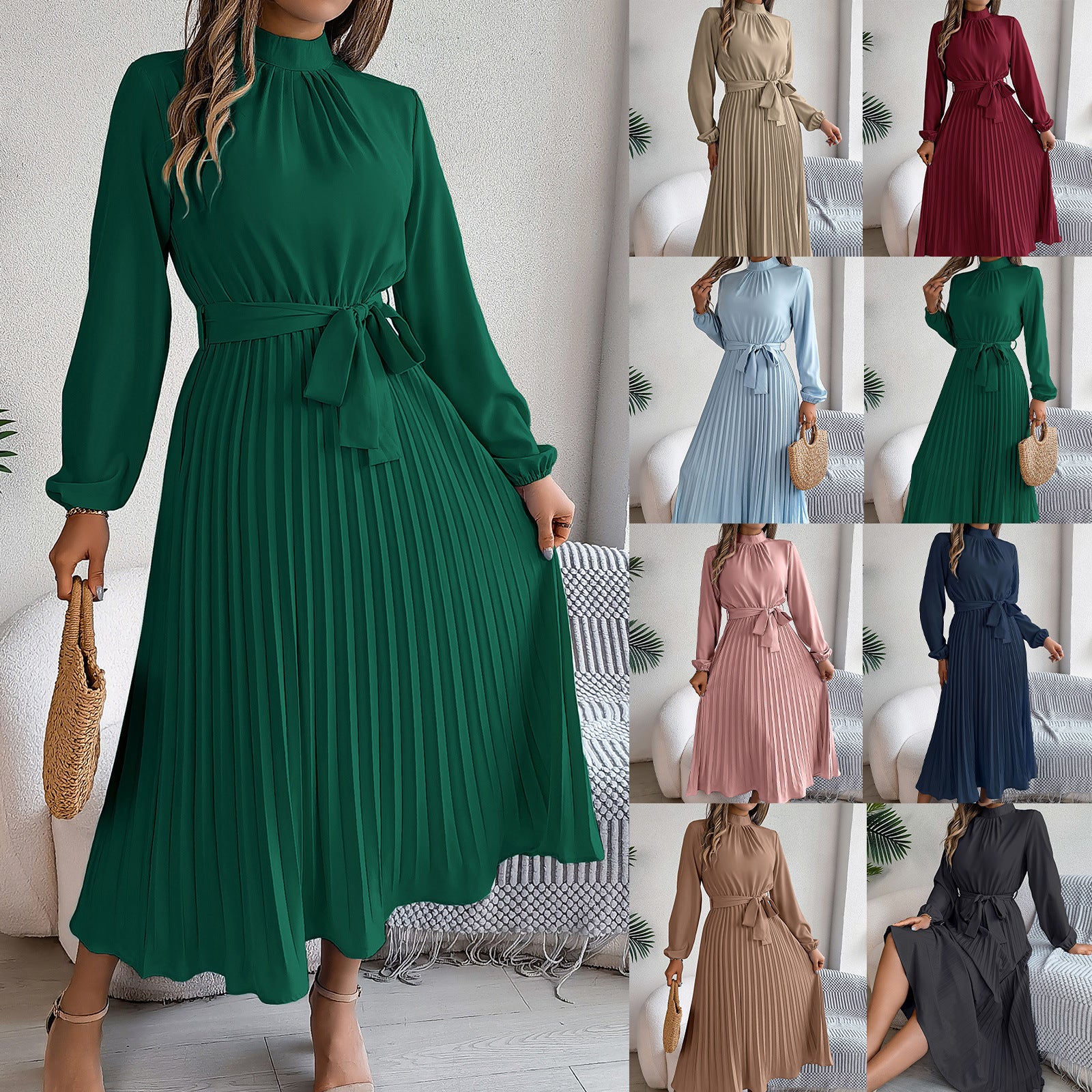 2026 European and American Spring/Summer Elegant Stand Collar Long Sleeve Waist-Cinched Pleated Long Dress Mini Dress Amazon Cross-Border Women's Clothing by DERILUJA LLC