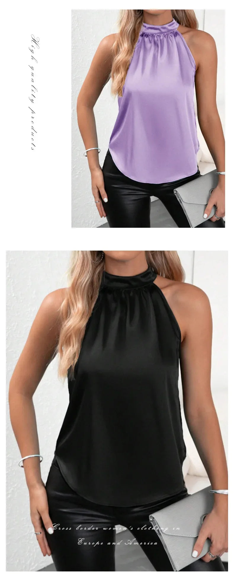 Amazon 2026 European and American Cross-Border Foreign Trade Summer New Satin Vest for Women, Solid Color Off-Shoulder Halter Neck Sleeveless Top by DERILUJA LLC