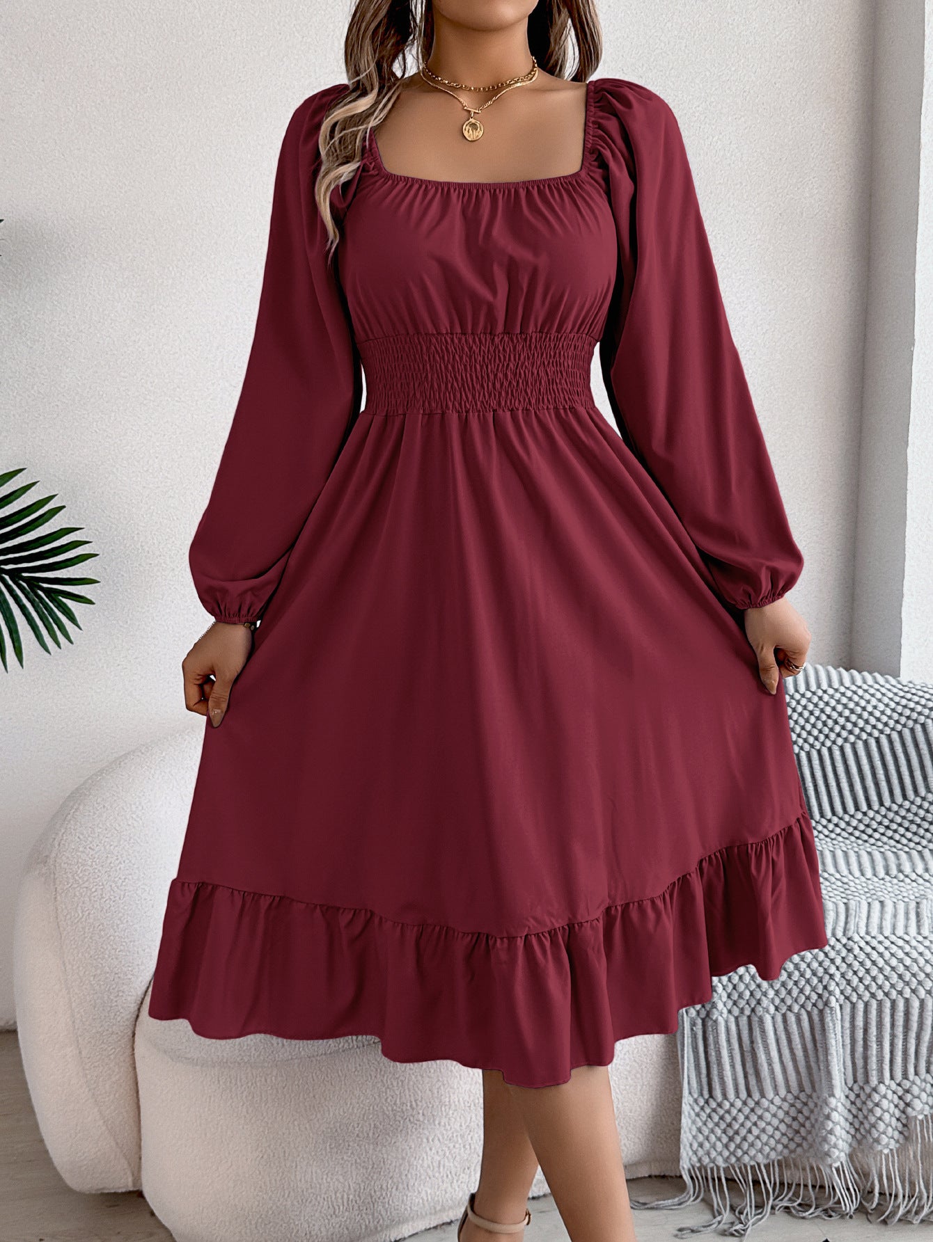 2026 Spring/Summer European and American Casual Solid Color Square Neck Long Sleeve Waist-Cinching Ruffle A-Line Dress Amazon Cross-Border Women's Clothing by DERILUJA LLC