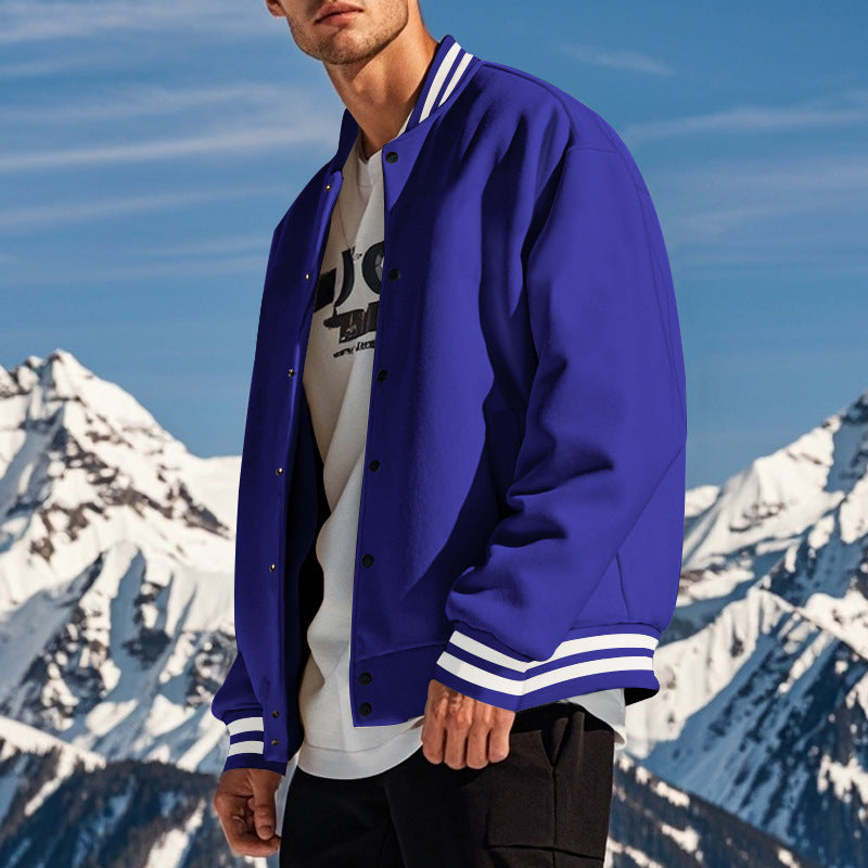 Cross-Border Men's Autumn and Winter Fleece American Retro Baseball Jacket Loose Casual Stand Collar Single-Breasted Men's Coat by DERILUJA LLC