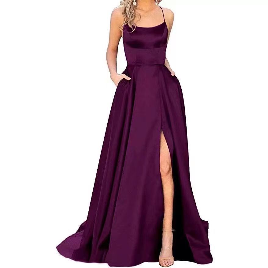 2023 Amazon European and American cross-border new bridesmaid dress long dress small tail strap solid color banquet evening dress by DERILUJA LLC