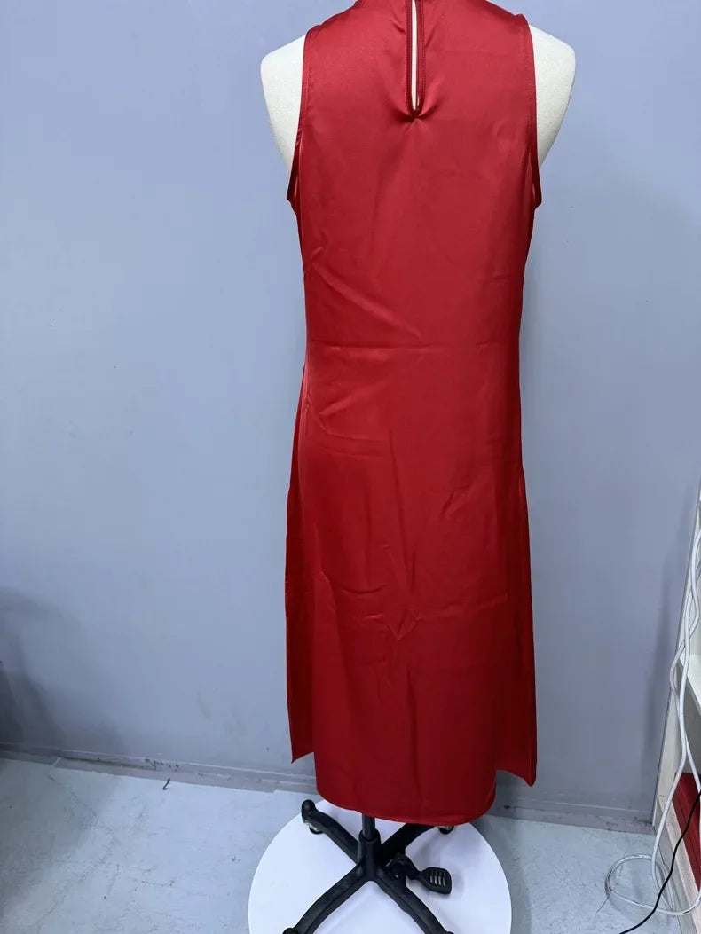 European and American Cross-Border Amazon Satin Dress Women's Spring and Summer Sleeveless Slit Satin Imitation Silk Long Skirt by DERILUJA LLC