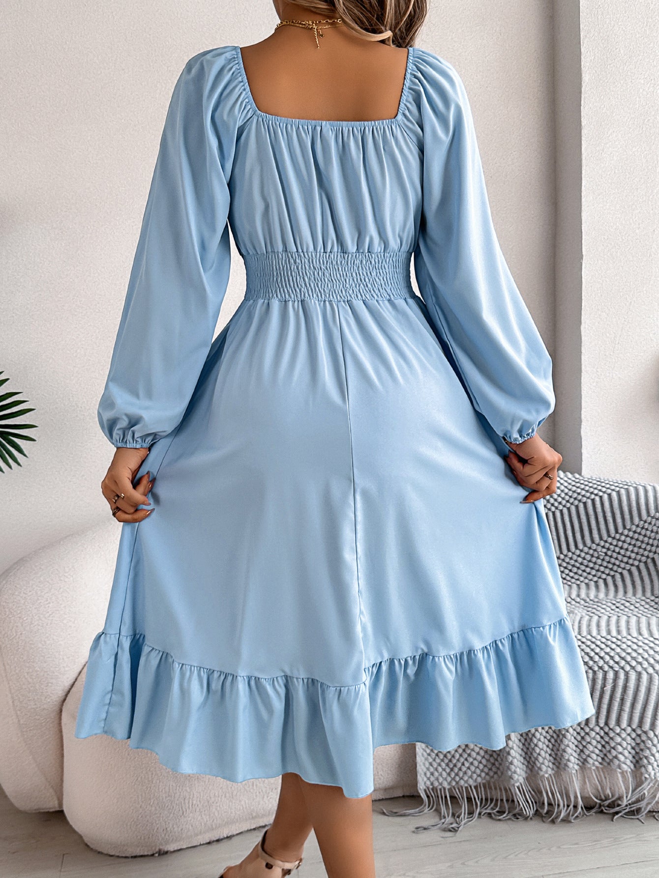 2026 Spring/Summer European and American Casual Solid Color Square Neck Long Sleeve Waist-Cinching Ruffle A-Line Dress Amazon Cross-Border Women's Clothing by DERILUJA LLC