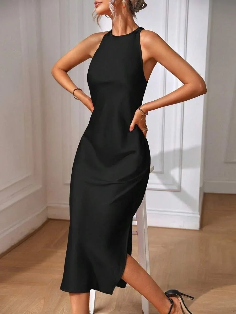 European and American Cross-Border Amazon Satin Dress Women's Spring and Summer Sleeveless Slit Satin Imitation Silk Long Skirt by DERILUJA LLC