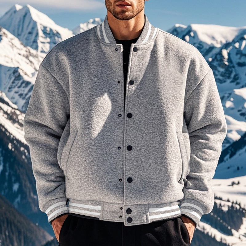 Cross-Border Men's Autumn and Winter Fleece American Retro Baseball Jacket Loose Casual Stand Collar Single-Breasted Men's Coat by DERILUJA LLC