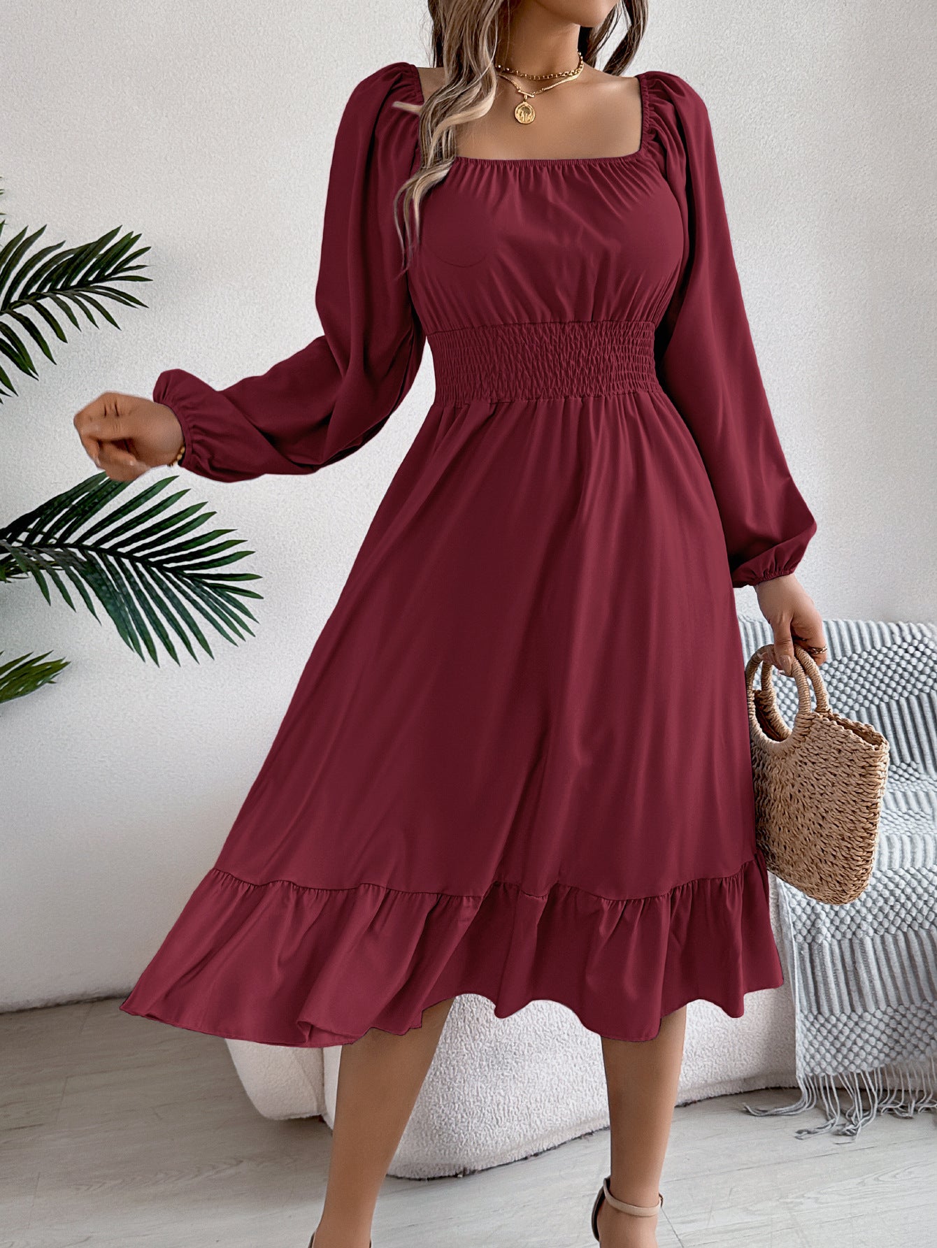 2026 Spring/Summer European and American Casual Solid Color Square Neck Long Sleeve Waist-Cinching Ruffle A-Line Dress Amazon Cross-Border Women's Clothing by DERILUJA LLC