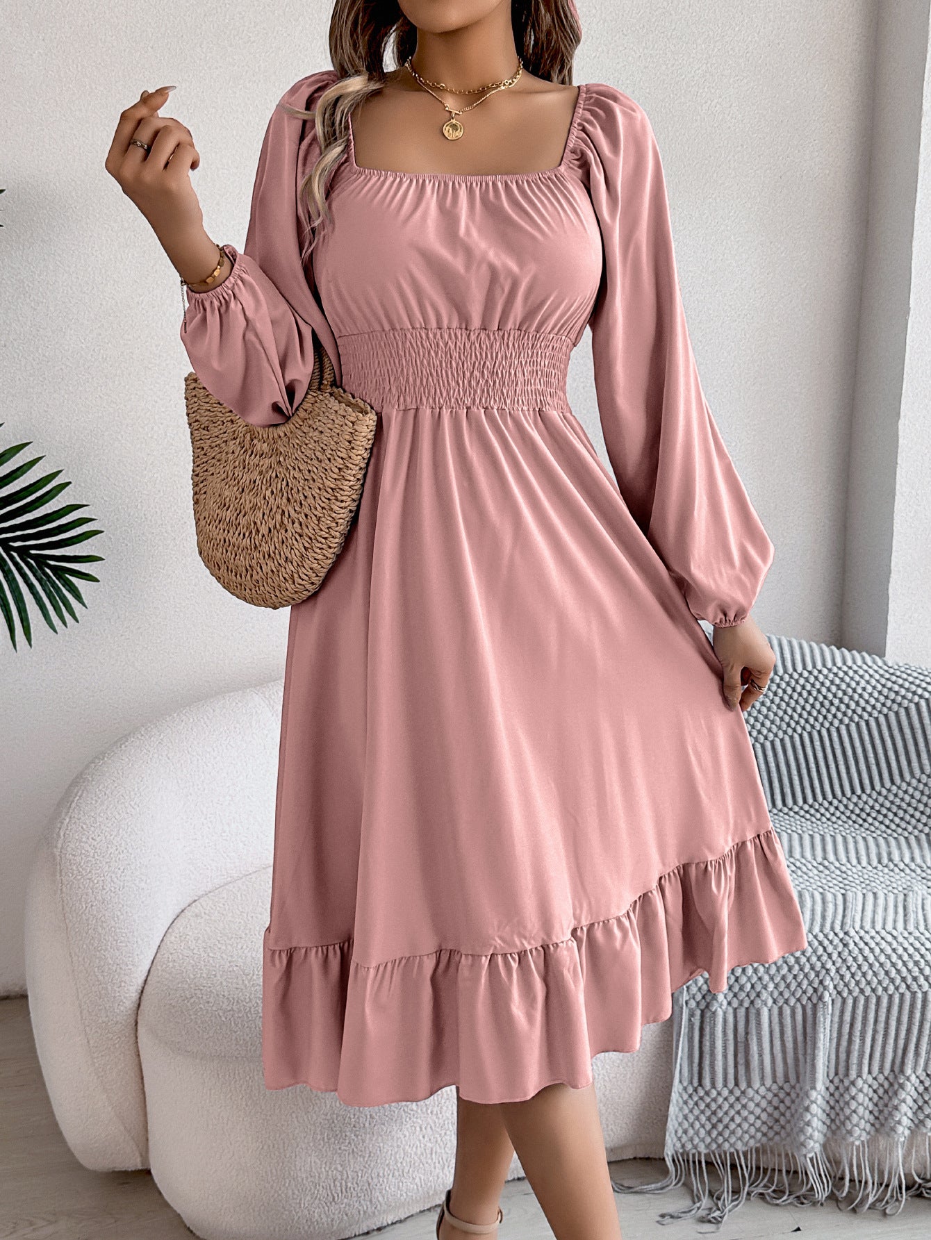 2026 Spring/Summer European and American Casual Solid Color Square Neck Long Sleeve Waist-Cinching Ruffle A-Line Dress Amazon Cross-Border Women's Clothing by DERILUJA LLC
