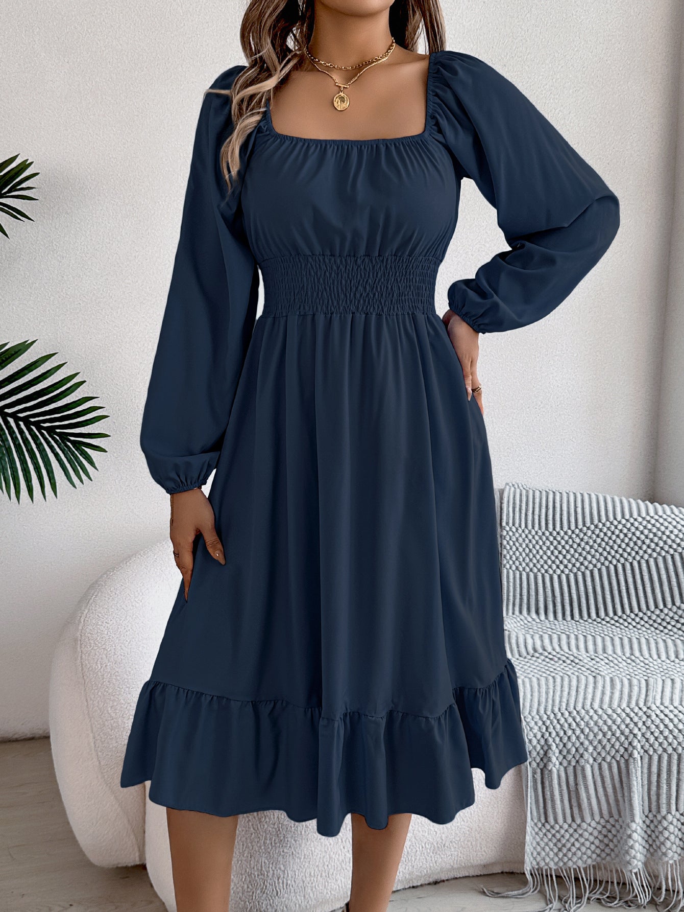 2026 Spring/Summer European and American Casual Solid Color Square Neck Long Sleeve Waist-Cinching Ruffle A-Line Dress Amazon Cross-Border Women's Clothing by DERILUJA LLC