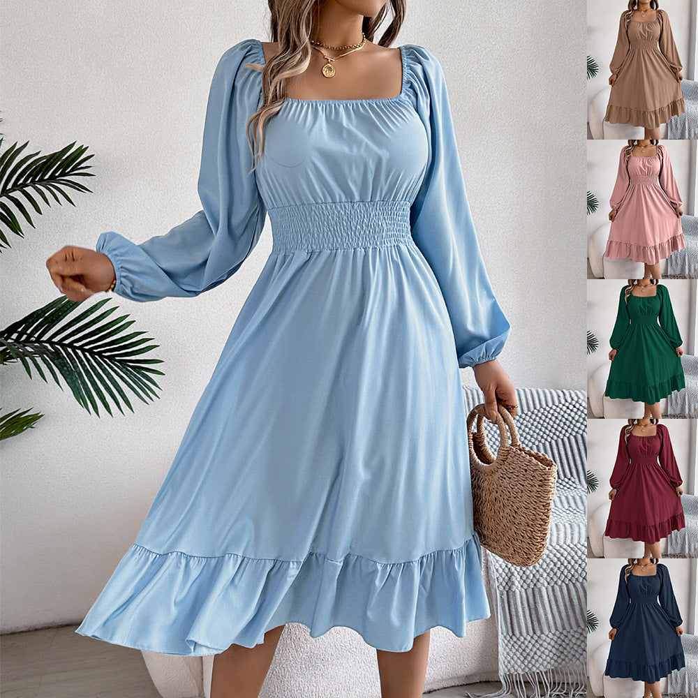 2026 Spring/Summer European and American Casual Solid Color Square Neck Long Sleeve Waist-Cinching Ruffle A-Line Dress Amazon Cross-Border Women's Clothing by DERILUJA LLC
