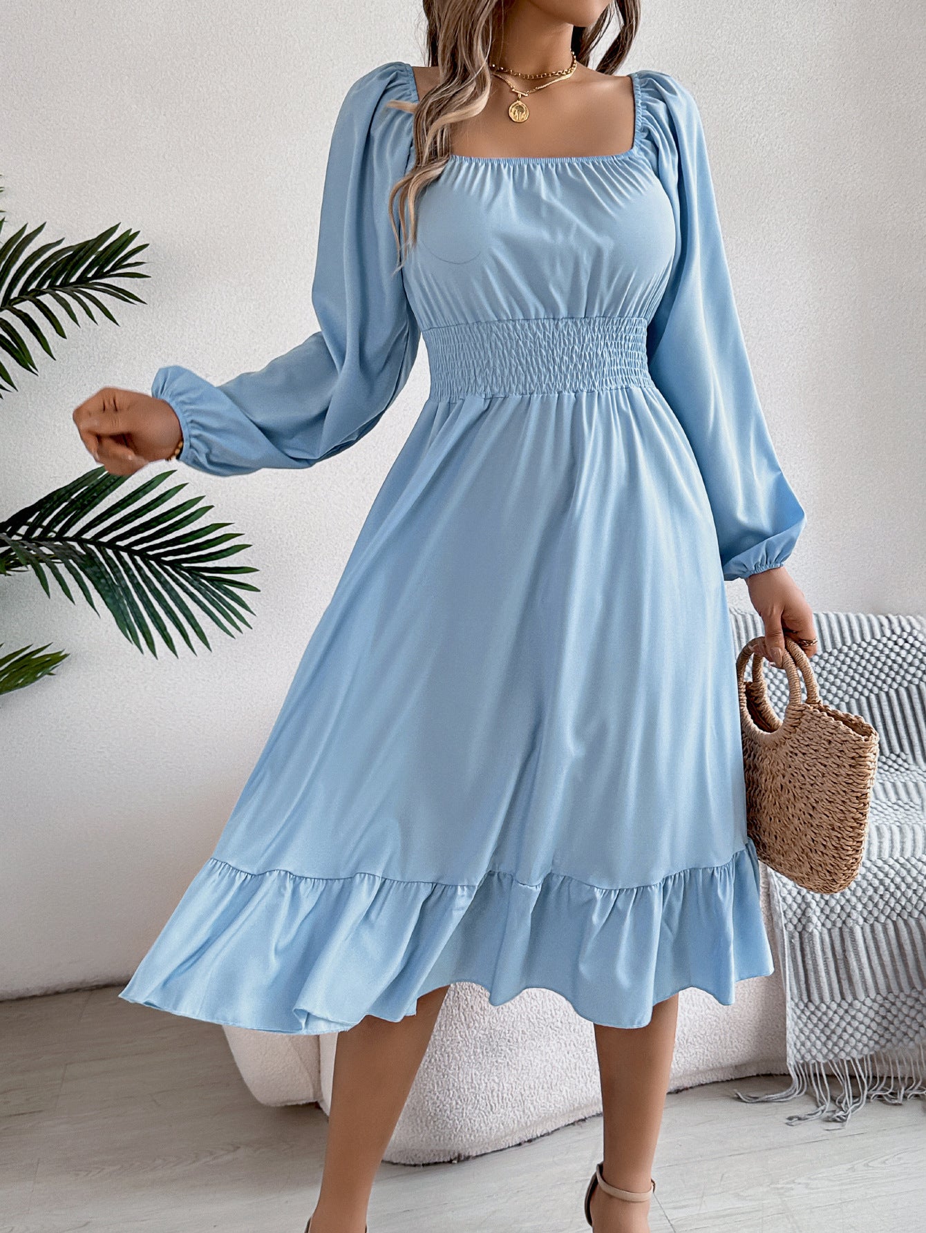 2026 Spring/Summer European and American Casual Solid Color Square Neck Long Sleeve Waist-Cinching Ruffle A-Line Dress Amazon Cross-Border Women's Clothing by DERILUJA LLC