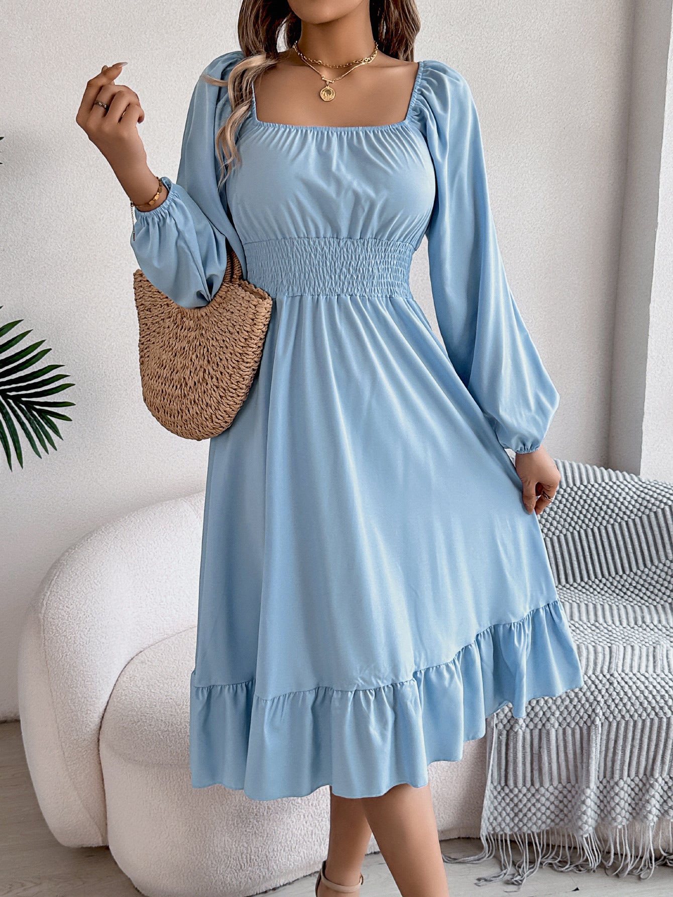 2026 Spring/Summer European and American Casual Solid Color Square Neck Long Sleeve Waist-Cinching Ruffle A-Line Dress Amazon Cross-Border Women's Clothing by DERILUJA LLC