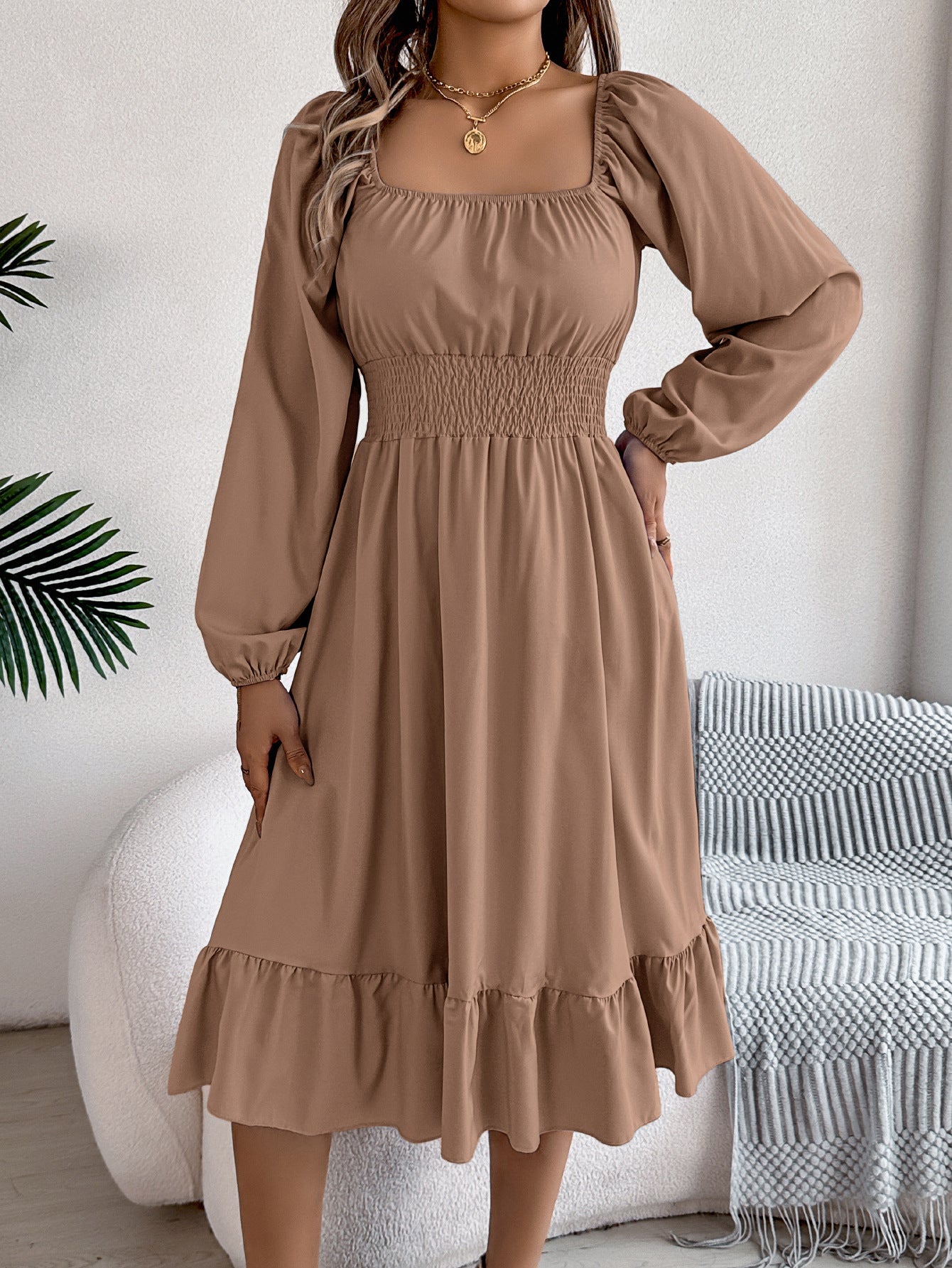 2026 Spring/Summer European and American Casual Solid Color Square Neck Long Sleeve Waist-Cinching Ruffle A-Line Dress Amazon Cross-Border Women's Clothing by DERILUJA LLC