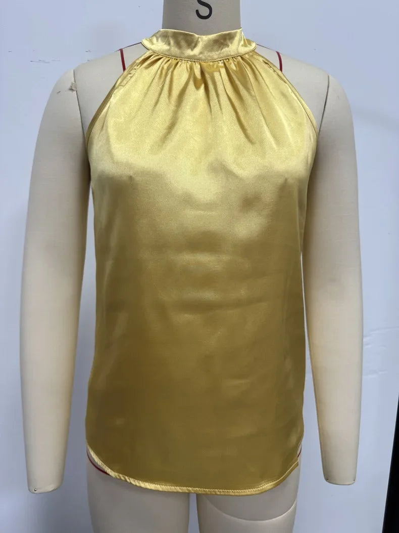 Amazon 2026 European and American Cross-Border Foreign Trade Summer New Satin Vest for Women, Solid Color Off-Shoulder Halter Neck Sleeveless Top by DERILUJA LLC