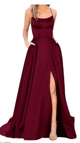 2023 Amazon European and American cross-border new bridesmaid dress long dress small tail strap solid color banquet evening dress by DERILUJA LLC