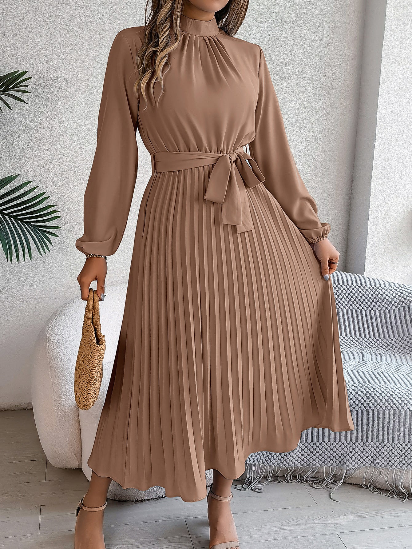 2026 European and American Spring/Summer Elegant Stand Collar Long Sleeve Waist-Cinched Pleated Long Dress Mini Dress Amazon Cross-Border Women's Clothing by DERILUJA LLC