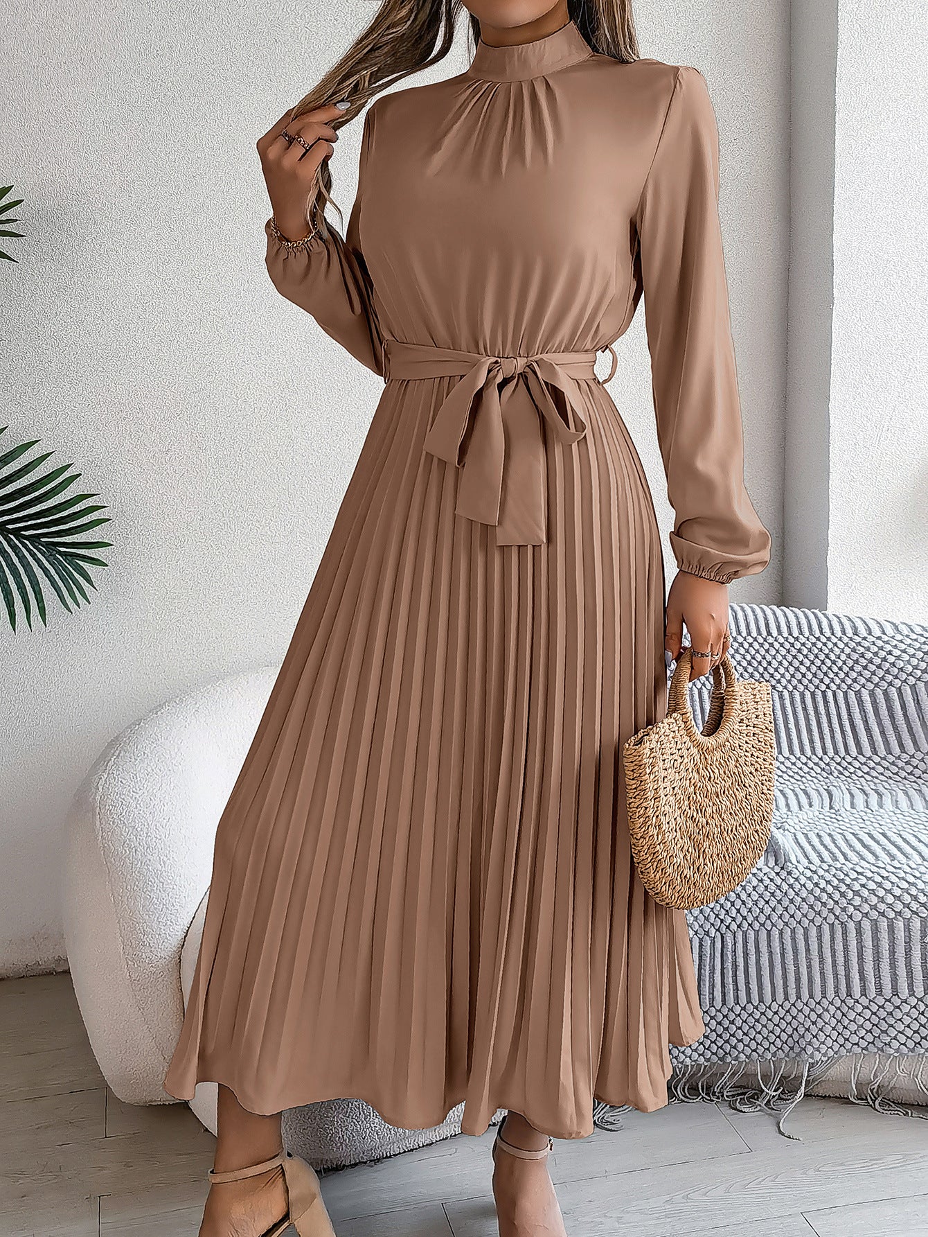 2026 European and American Spring/Summer Elegant Stand Collar Long Sleeve Waist-Cinched Pleated Long Dress Mini Dress Amazon Cross-Border Women's Clothing by DERILUJA LLC