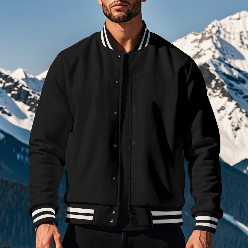 Cross-Border Men's Autumn and Winter Fleece American Retro Baseball Jacket Loose Casual Stand Collar Single-Breasted Men's Coat by DERILUJA LLC