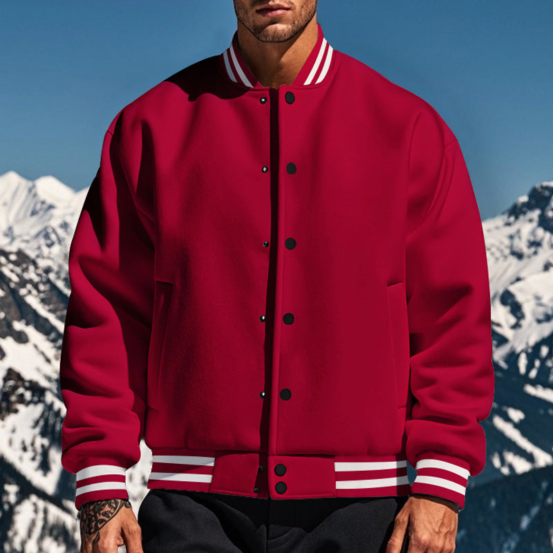Cross-Border Men's Autumn and Winter Fleece American Retro Baseball Jacket Loose Casual Stand Collar Single-Breasted Men's Coat by DERILUJA LLC