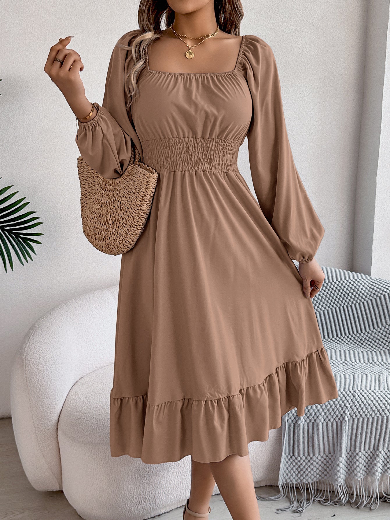 2026 Spring/Summer European and American Casual Solid Color Square Neck Long Sleeve Waist-Cinching Ruffle A-Line Dress Amazon Cross-Border Women's Clothing by DERILUJA LLC