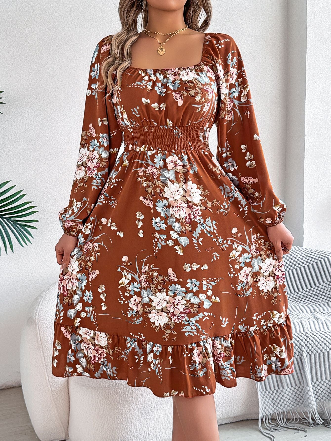 Real shot spring and summer European and American elegant flower square collar long sleeve waist ruffled A- line skirt independent station cross-border women's clothing by DERILUJA LLC