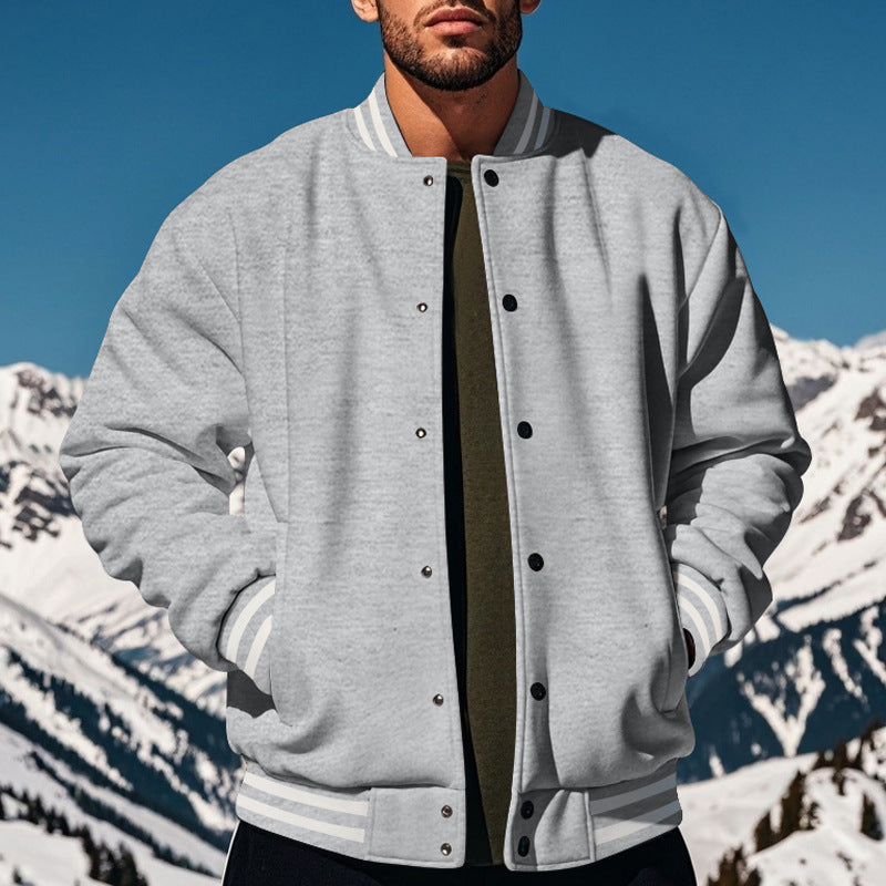 Cross-Border Men's Autumn and Winter Fleece American Retro Baseball Jacket Loose Casual Stand Collar Single-Breasted Men's Coat by DERILUJA LLC