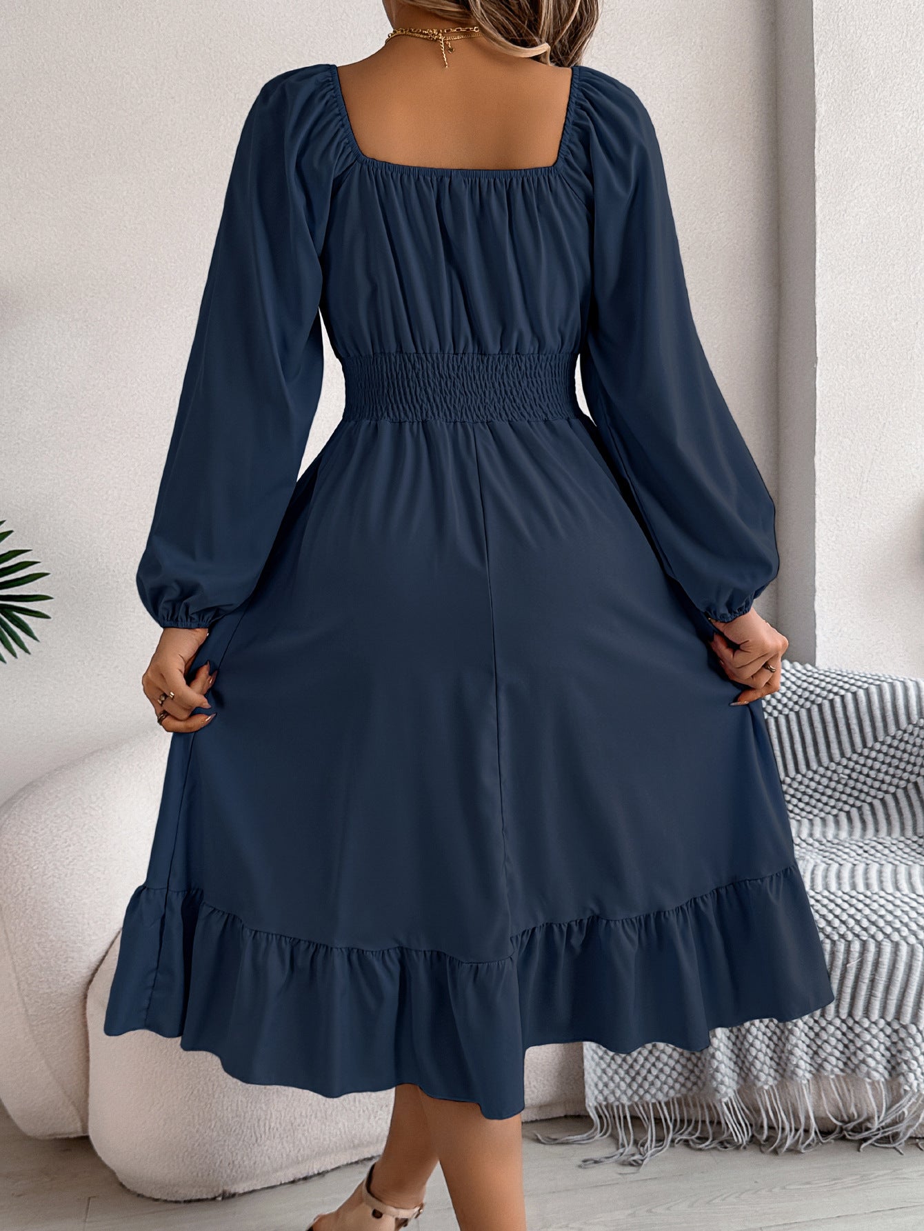 2026 Spring/Summer European and American Casual Solid Color Square Neck Long Sleeve Waist-Cinching Ruffle A-Line Dress Amazon Cross-Border Women's Clothing by DERILUJA LLC