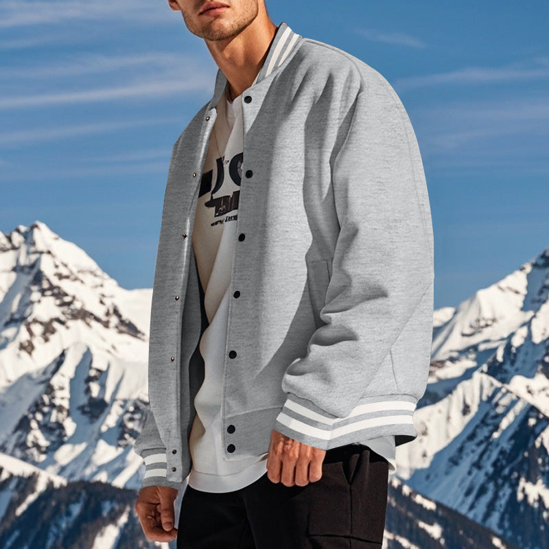 Cross-Border Men's Autumn and Winter Fleece American Retro Baseball Jacket Loose Casual Stand Collar Single-Breasted Men's Coat by DERILUJA LLC
