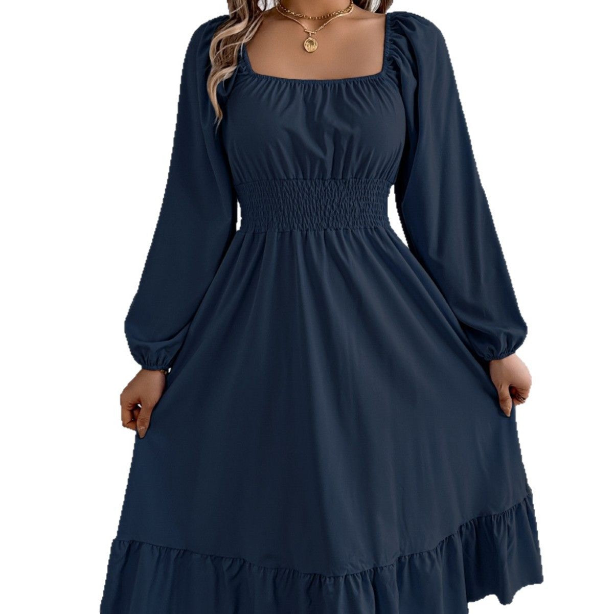 2026 Spring/Summer European and American Casual Solid Color Square Neck Long Sleeve Waist-Cinching Ruffle A-Line Dress Amazon Cross-Border Women's Clothing by DERILUJA LLC