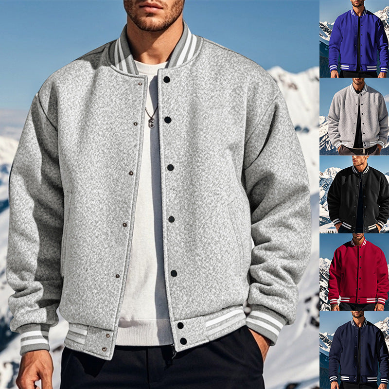 Cross-Border Men's Autumn and Winter Fleece American Retro Baseball Jacket Loose Casual Stand Collar Single-Breasted Men's Coat by DERILUJA LLC