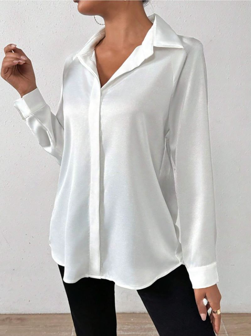 Cross-Border European and American Clothing Satin Shirt Women's Satin Imitation Silk Long-Sleeved Shirt European and American Export Cross-Border Women's Clothing by DERILUJA LLC