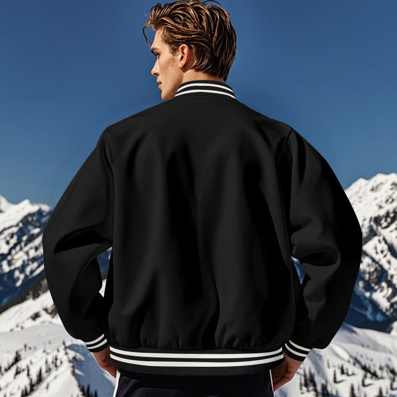 Cross-Border Men's Autumn and Winter Fleece American Retro Baseball Jacket Loose Casual Stand Collar Single-Breasted Men's Coat by DERILUJA LLC