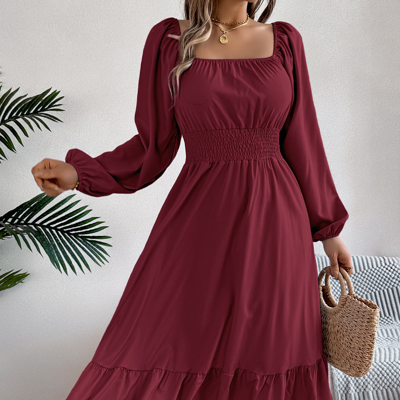 2026 Spring/Summer European and American Casual Solid Color Square Neck Long Sleeve Waist-Cinching Ruffle A-Line Dress Amazon Cross-Border Women's Clothing by DERILUJA LLC