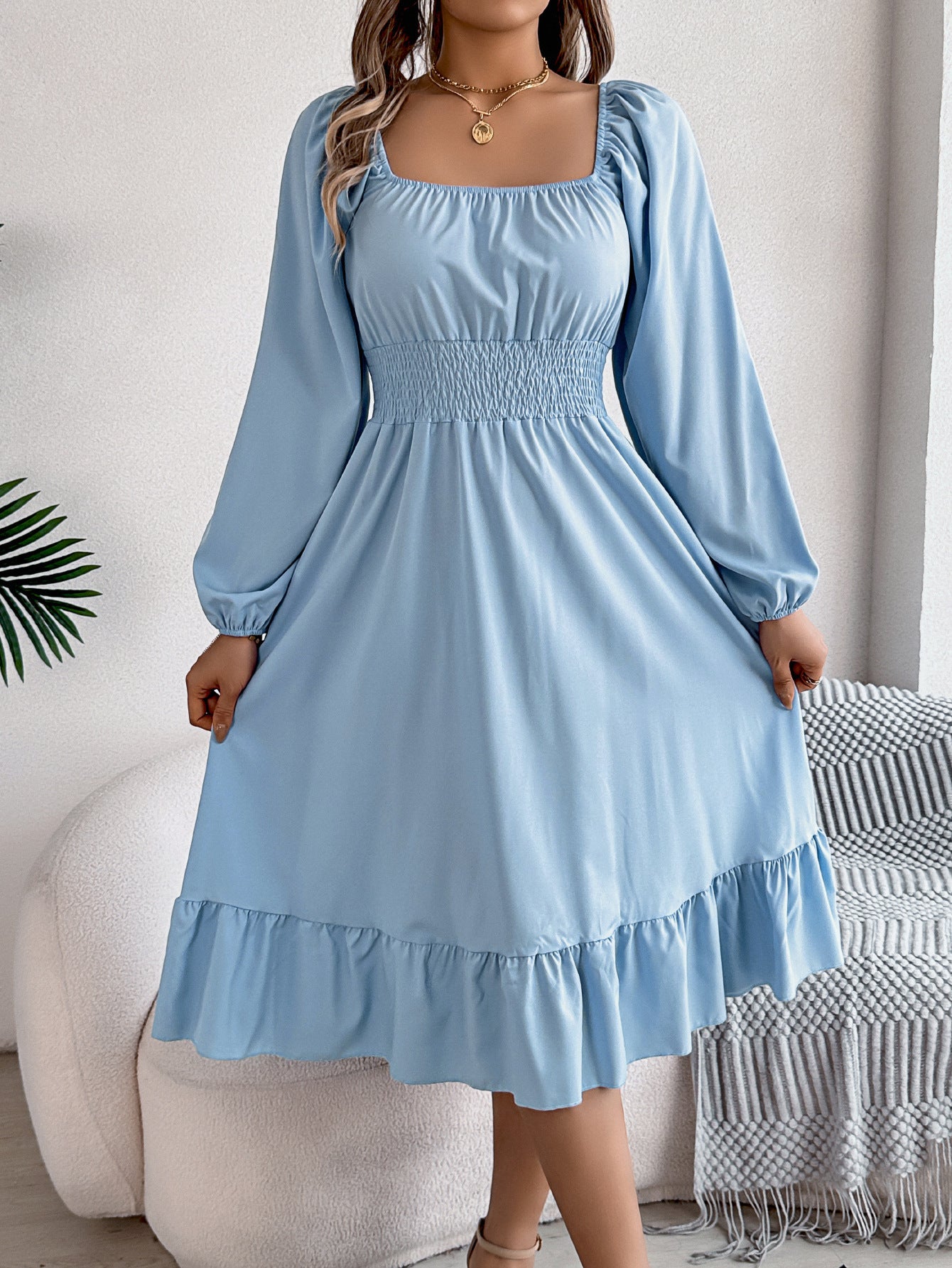 2026 Spring/Summer European and American Casual Solid Color Square Neck Long Sleeve Waist-Cinching Ruffle A-Line Dress Amazon Cross-Border Women's Clothing by DERILUJA LLC