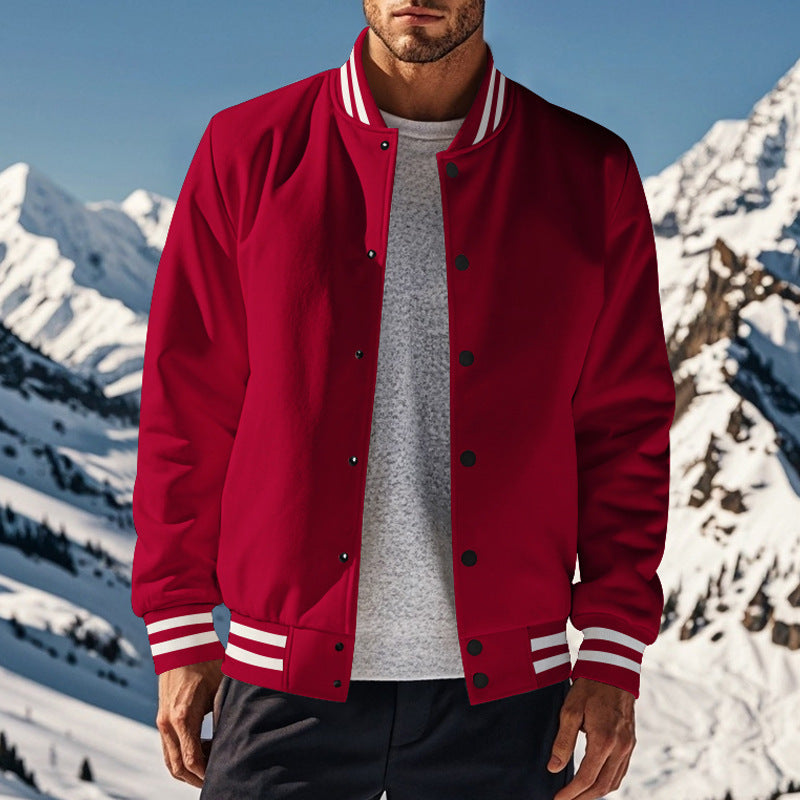 Cross-Border Men's Autumn and Winter Fleece American Retro Baseball Jacket Loose Casual Stand Collar Single-Breasted Men's Coat by DERILUJA LLC