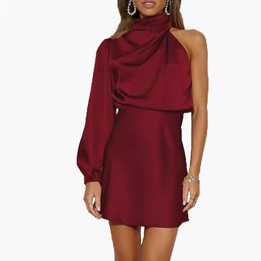 Spring 2024 Women's Satin Shoulder Long Sleeve Mini Skirt Silk Long Sleeve Crewneck Cocktail Skirt by DERILUJA LLC