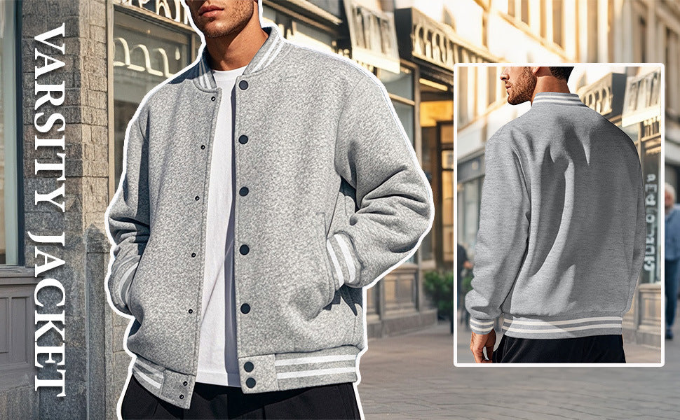 Cross-Border Men's Autumn and Winter Fleece American Retro Baseball Jacket Loose Casual Stand Collar Single-Breasted Men's Coat by DERILUJA LLC