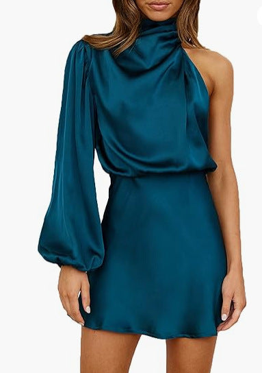 Spring 2024 Women's Satin Shoulder Long Sleeve Mini Skirt Silk Long Sleeve Crewneck Cocktail Skirt by DERILUJA LLC