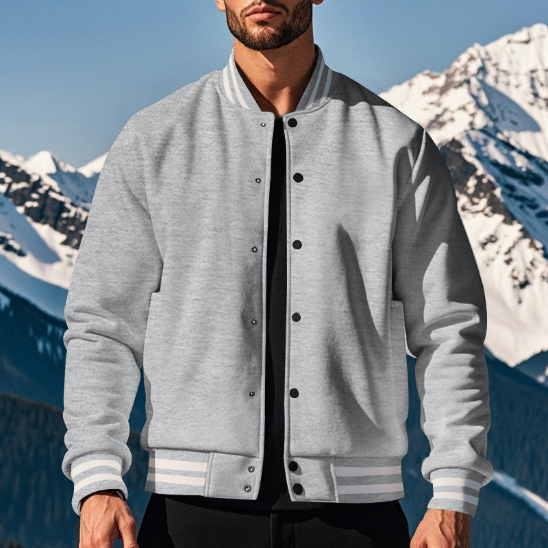 Cross-Border Men's Autumn and Winter Fleece American Retro Baseball Jacket Loose Casual Stand Collar Single-Breasted Men's Coat by DERILUJA LLC