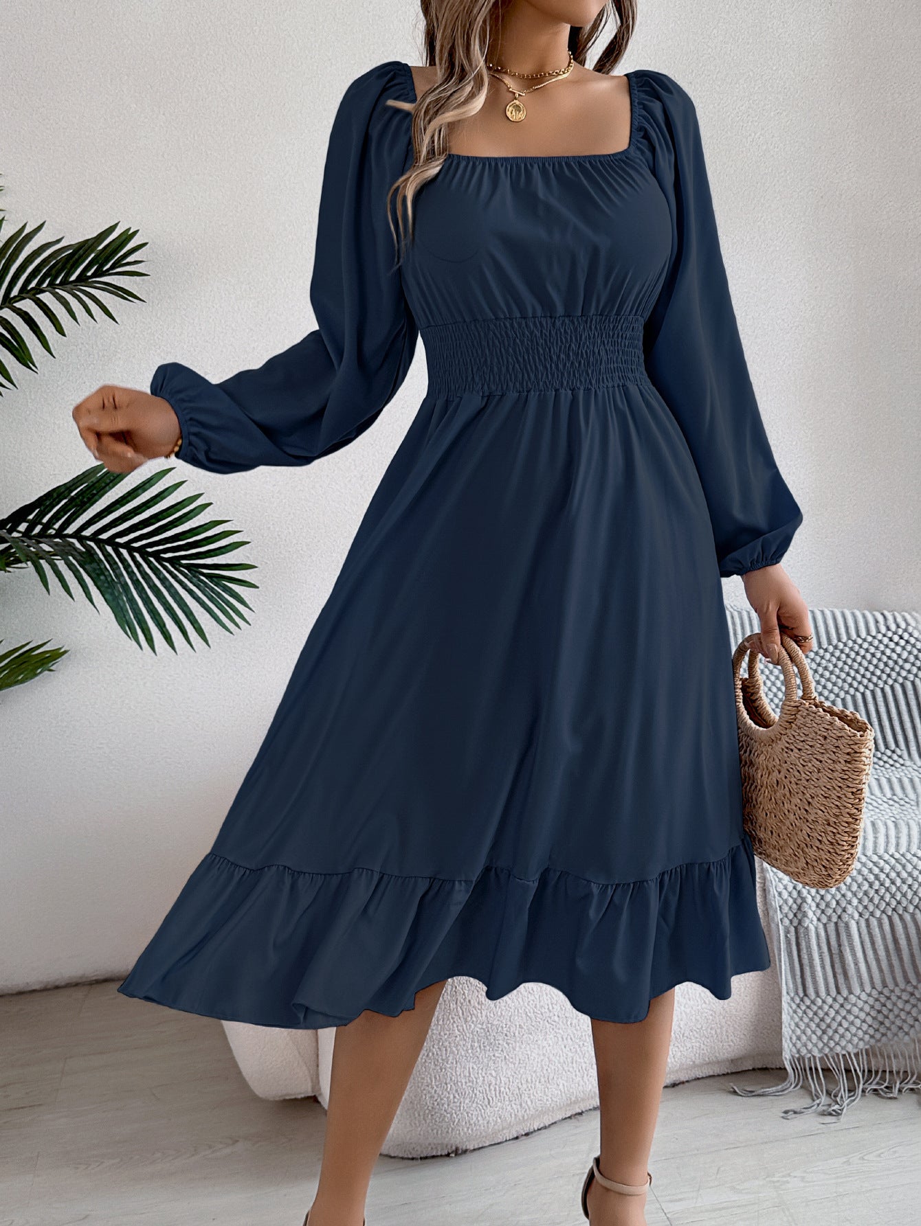 2026 Spring/Summer European and American Casual Solid Color Square Neck Long Sleeve Waist-Cinching Ruffle A-Line Dress Amazon Cross-Border Women's Clothing by DERILUJA LLC