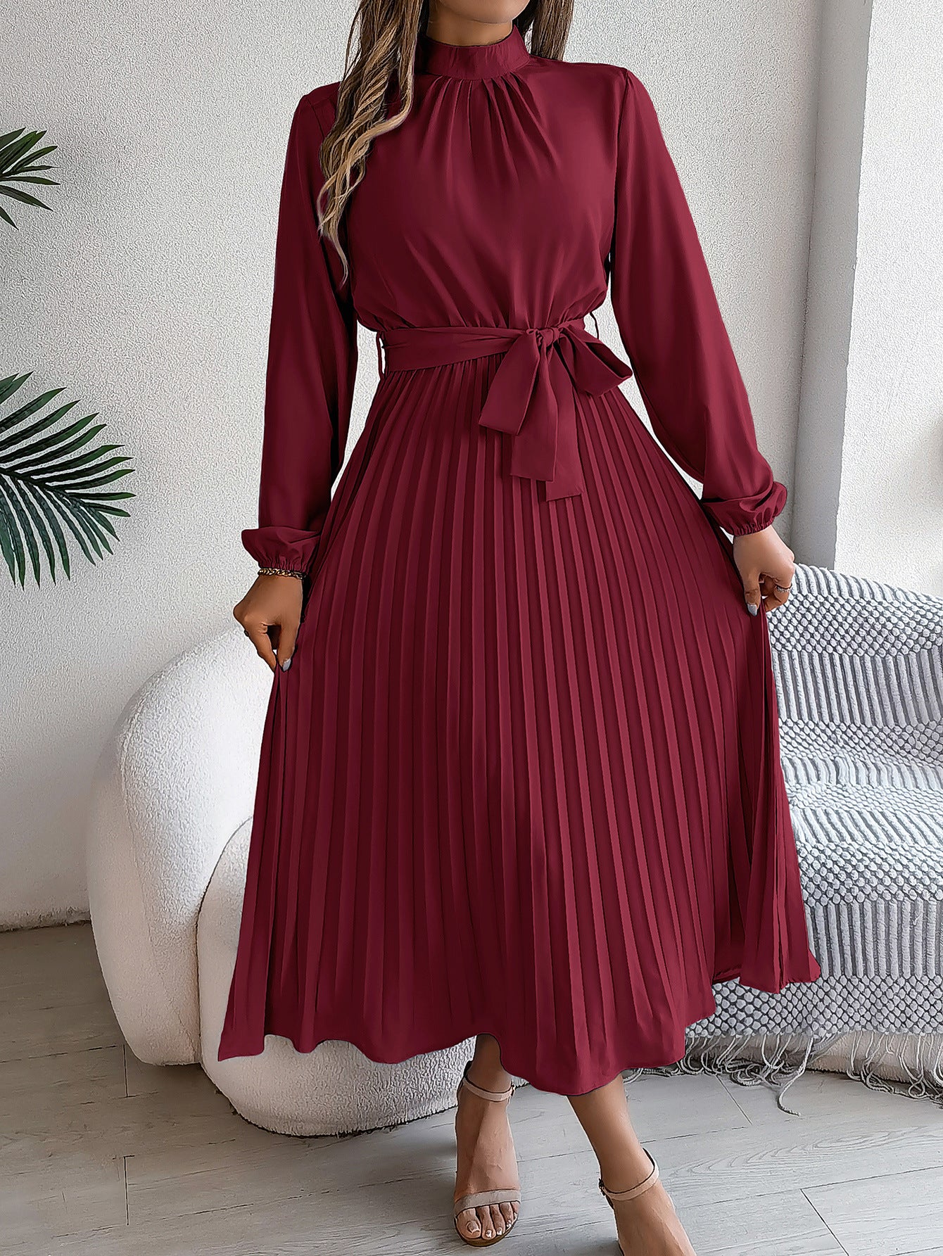 2026 European and American Spring/Summer Elegant Stand Collar Long Sleeve Waist-Cinched Pleated Long Dress Mini Dress Amazon Cross-Border Women's Clothing by DERILUJA LLC
