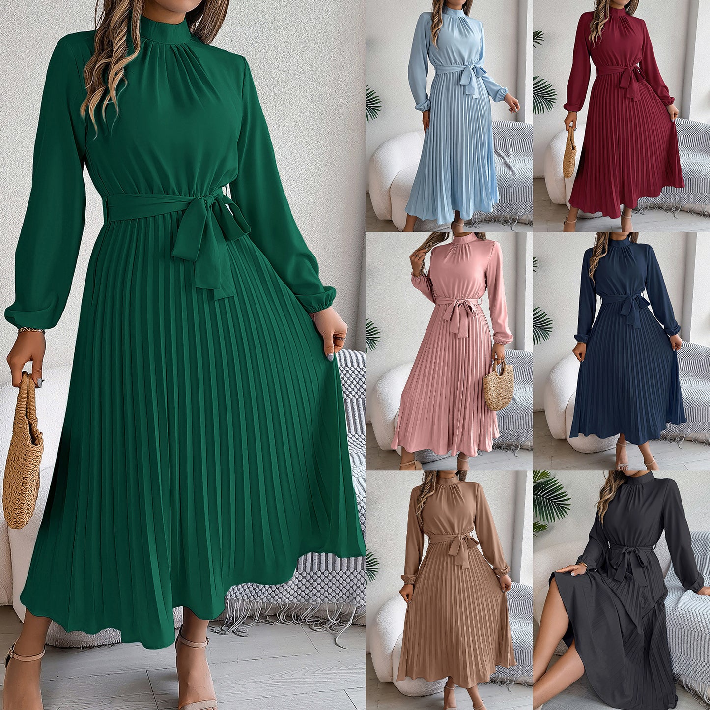 2026 European and American Spring/Summer Elegant Stand Collar Long Sleeve Waist-Cinched Pleated Long Dress Mini Dress Amazon Cross-Border Women's Clothing by DERILUJA LLC