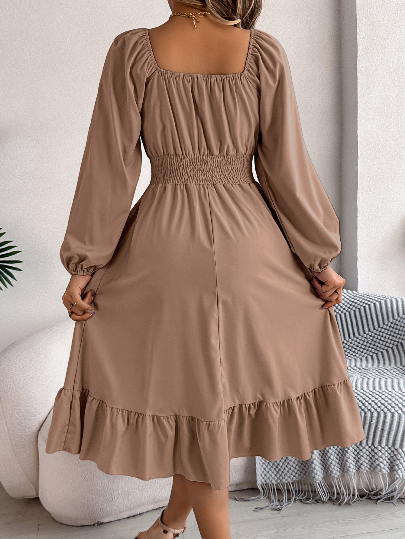 2026 Spring/Summer European and American Casual Solid Color Square Neck Long Sleeve Waist-Cinching Ruffle A-Line Dress Amazon Cross-Border Women's Clothing by DERILUJA LLC