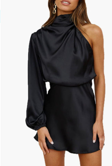 Spring 2024 Women's Satin Shoulder Long Sleeve Mini Skirt Silk Long Sleeve Crewneck Cocktail Skirt by DERILUJA LLC
