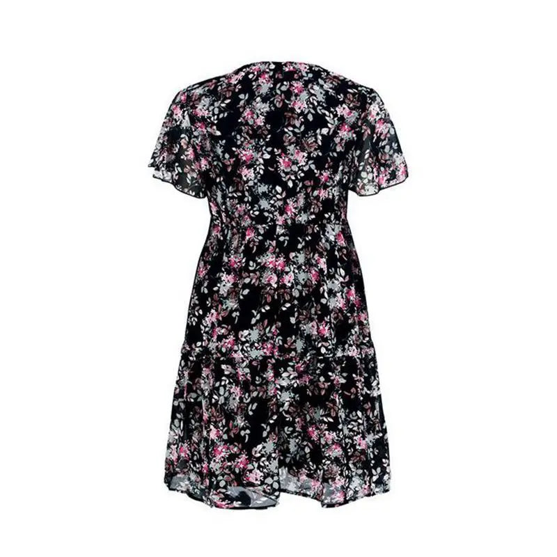Spring Summer Fashion Women V Neck Short Sleeve Loose Chic Floral Printed Dress by DERILUJA LLC