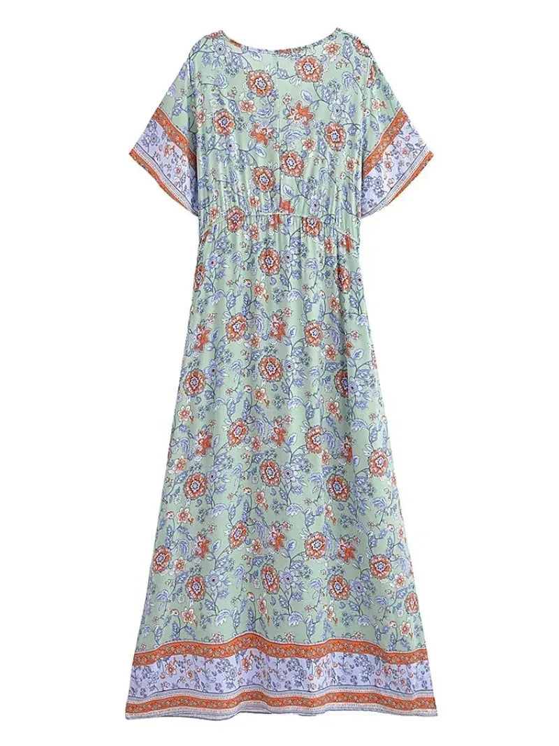 Maxi Dress Ladies V-neck Rayon Cotton Summer Boho Dresses Robe by DERILUJA LLC